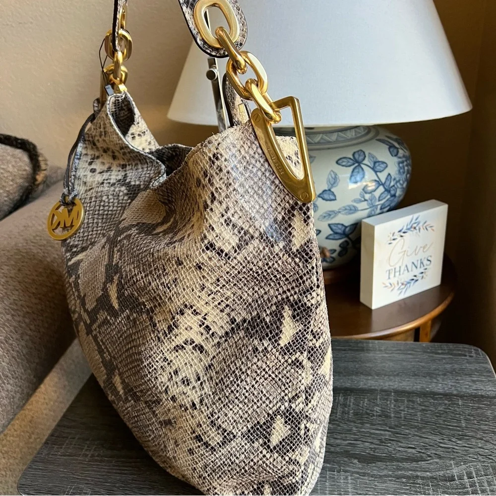 Michael Kors Ines Snake Print Leather Metal Chain Hobo Retail $498